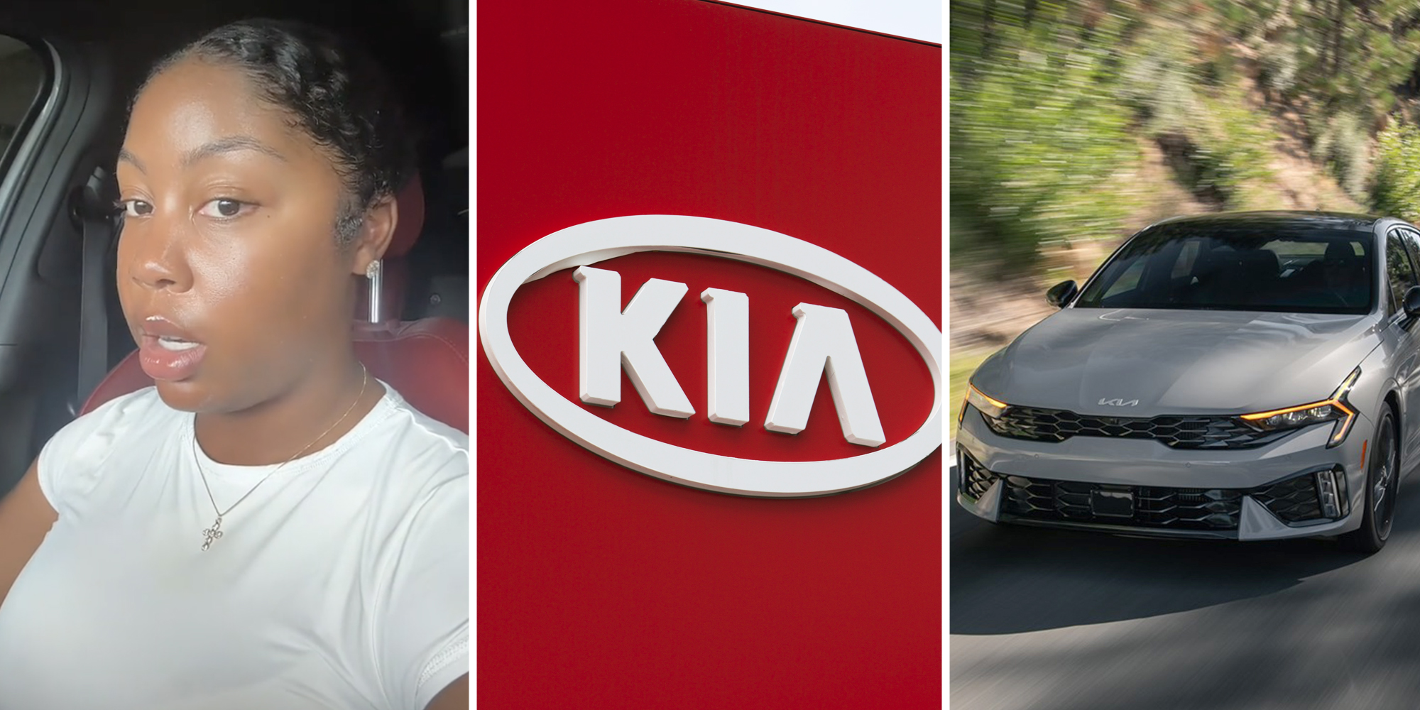 Woman talking(l), Kia sign(c), Kia K5 driving on road(r)