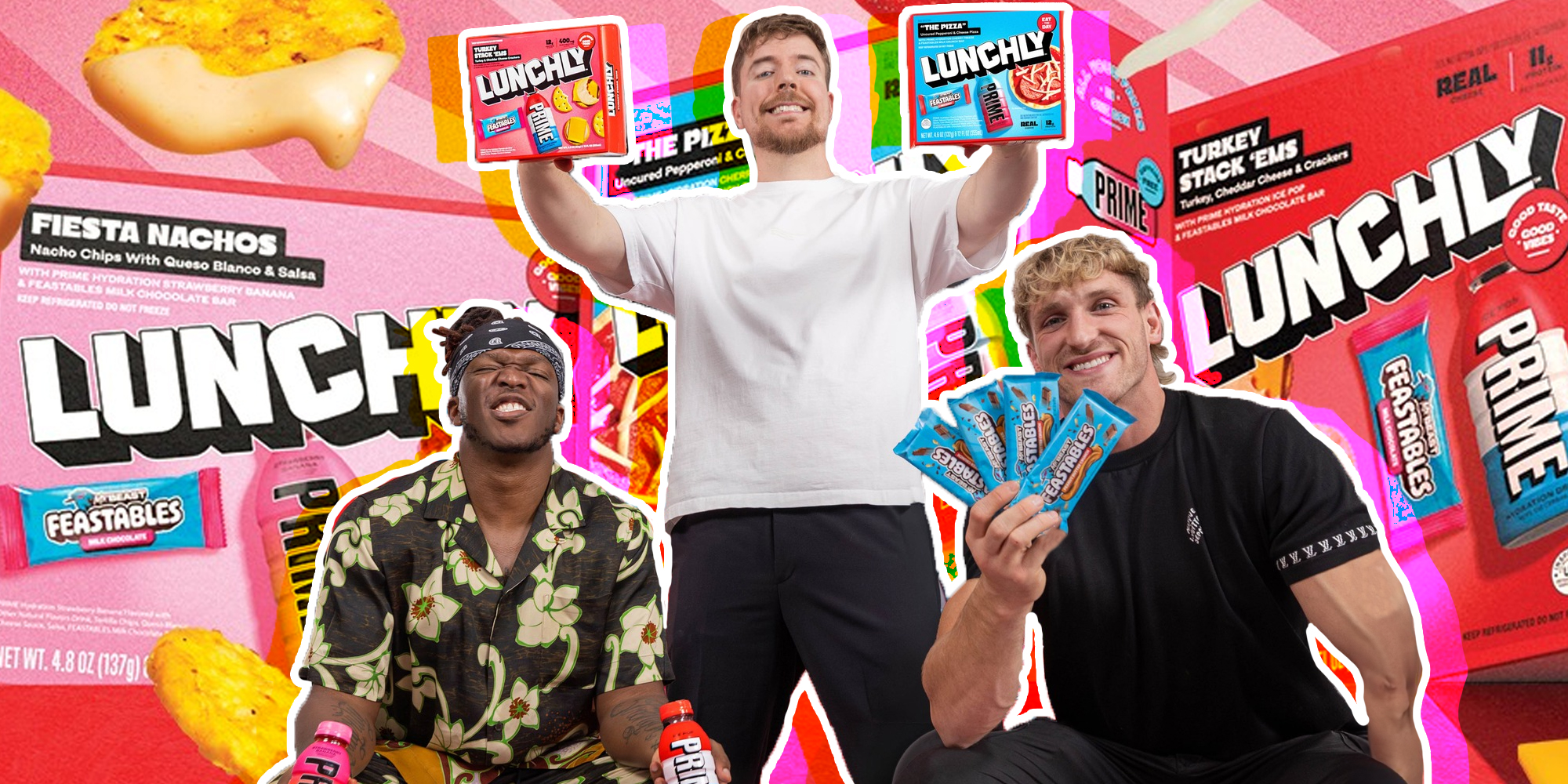 lunchly KSI, Mr Beast, and Logan Paul holding lunchly products with lunchly products in background