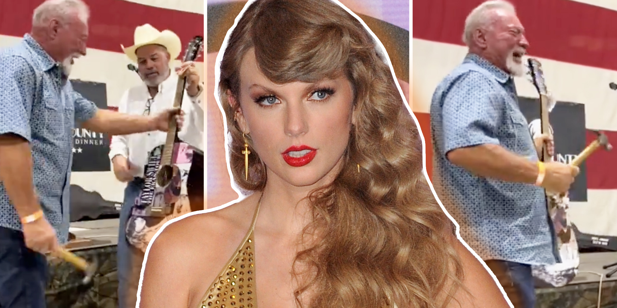 Man receiving guitar(l), Taylor Swift posing(c), man with hammer and guitar laughing(r)