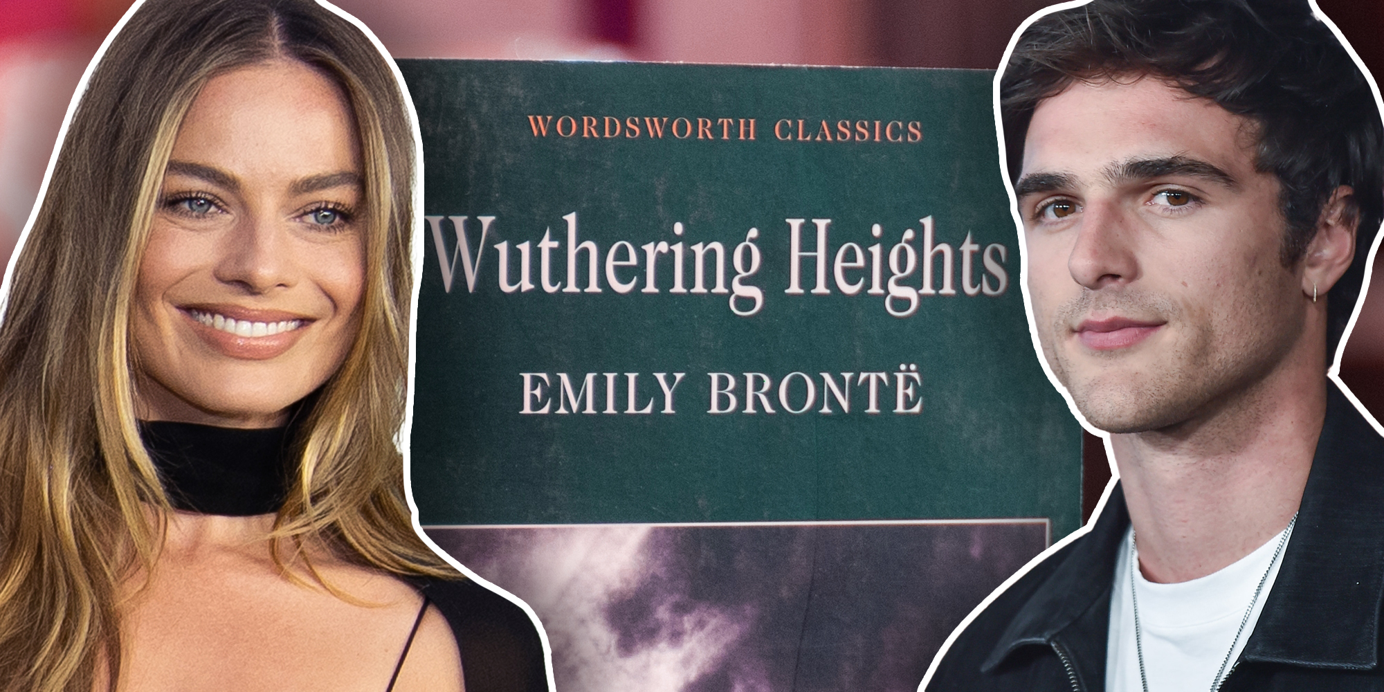 Margot Robbie and Jacob Elordi with Wuthering Heights book between them