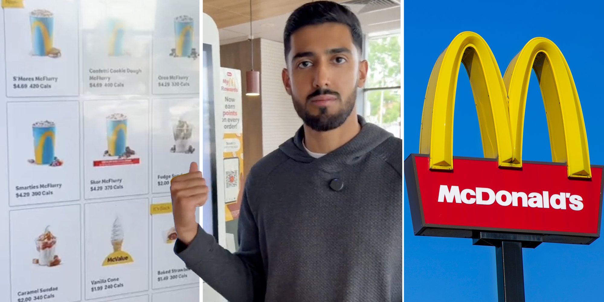 McDonald's touchscreen menu(l), Man pointing to menu(c), McDonald's Arches(r)