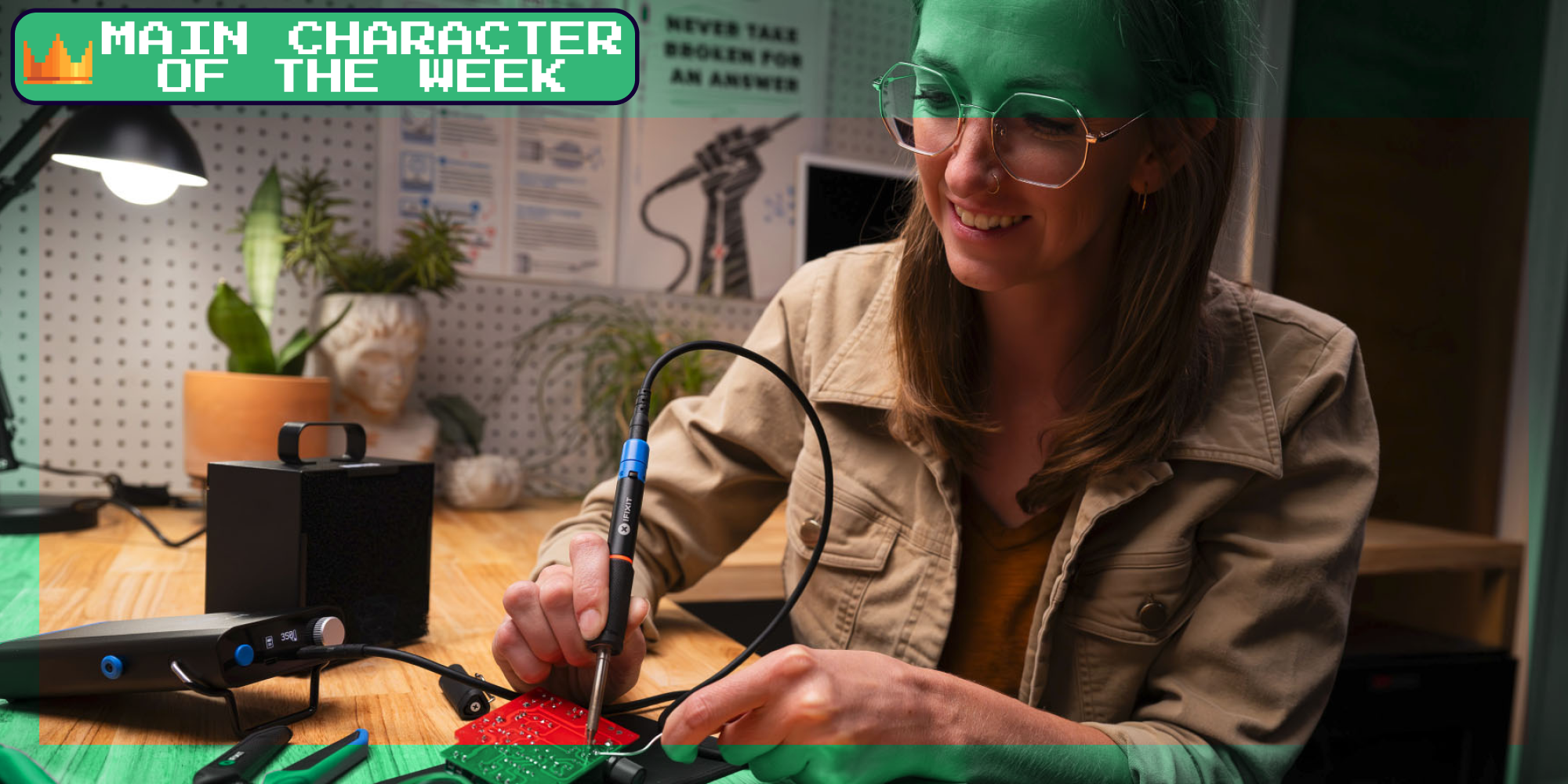 A person using an iFixit tool. There is text that says 'Main Character of the Week' in the top left corner in a Daily Dot newsletter web_crawlr font.