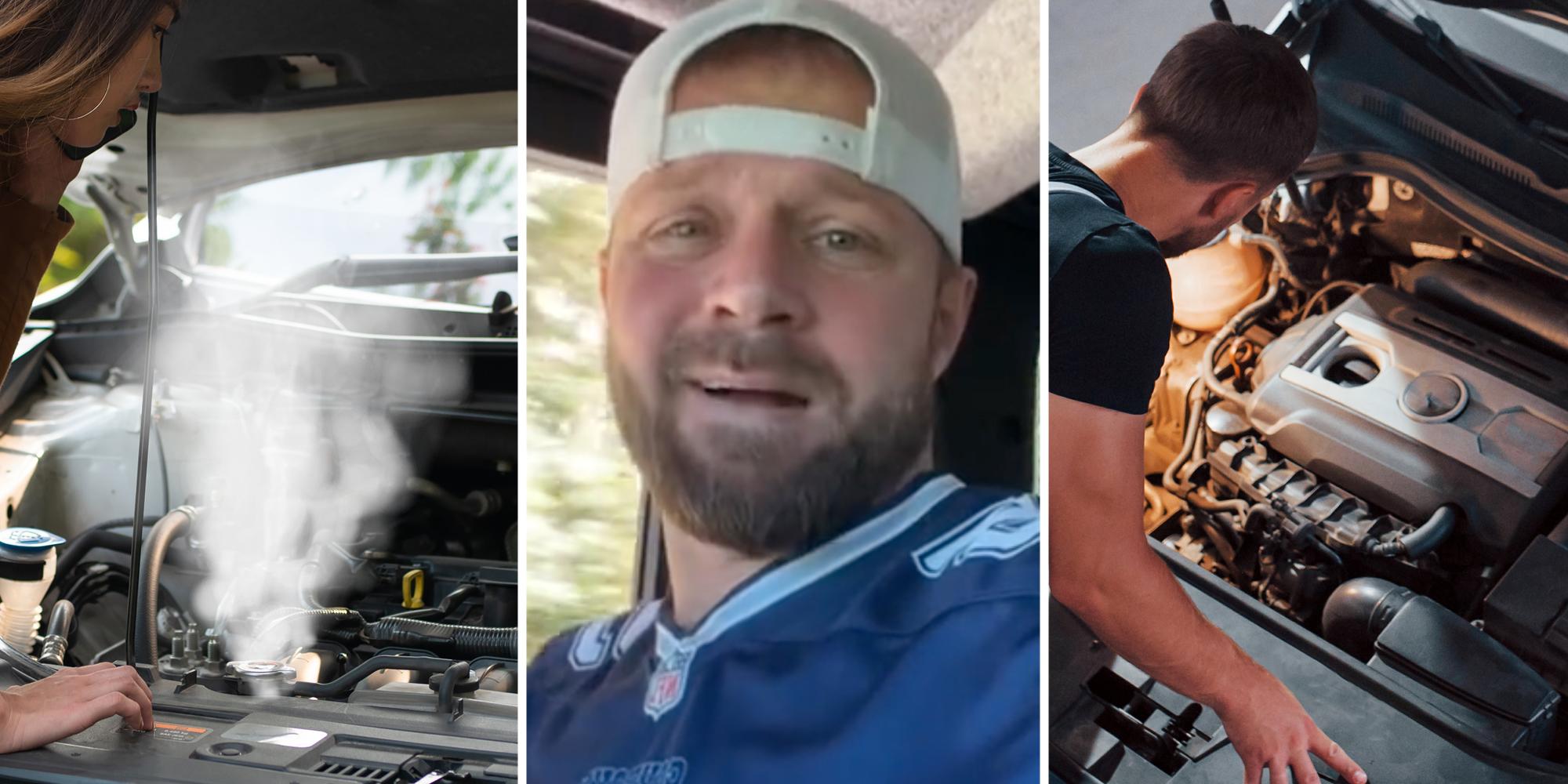 Woman on phone as engine smokes(l), man talking(c), Mechanic looking under hood(r)