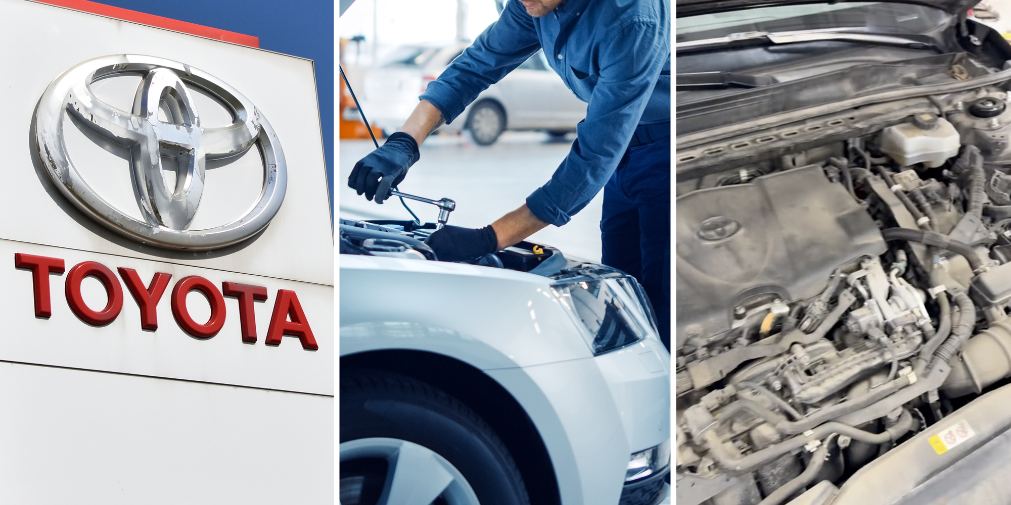 Toyota sign(L), Mechanic working on car(c), Car engine(r)