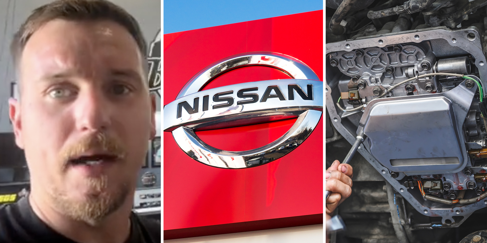 Man talking(l), Nissan sign(c), Mechanic installing transmission(r)