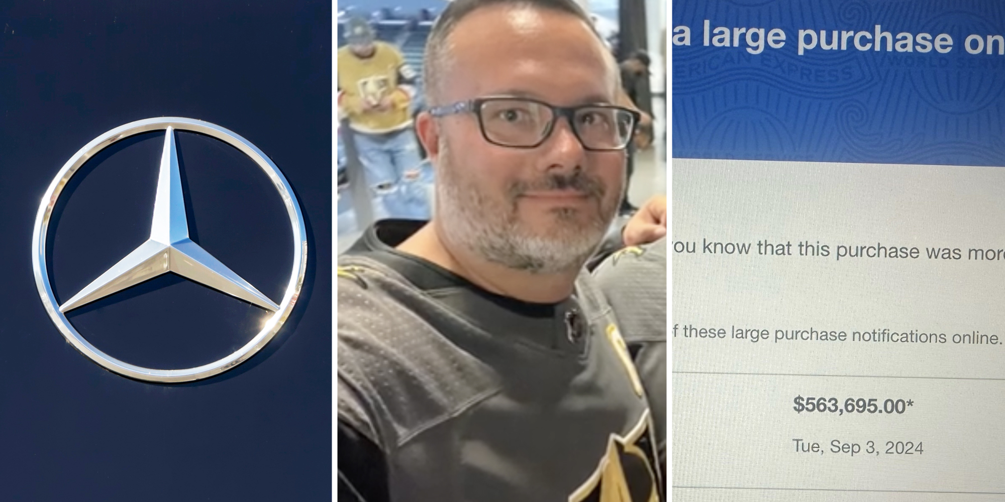 Mercedes Benz sign(l), Man smiling at camera(c), Credit card statement(r)