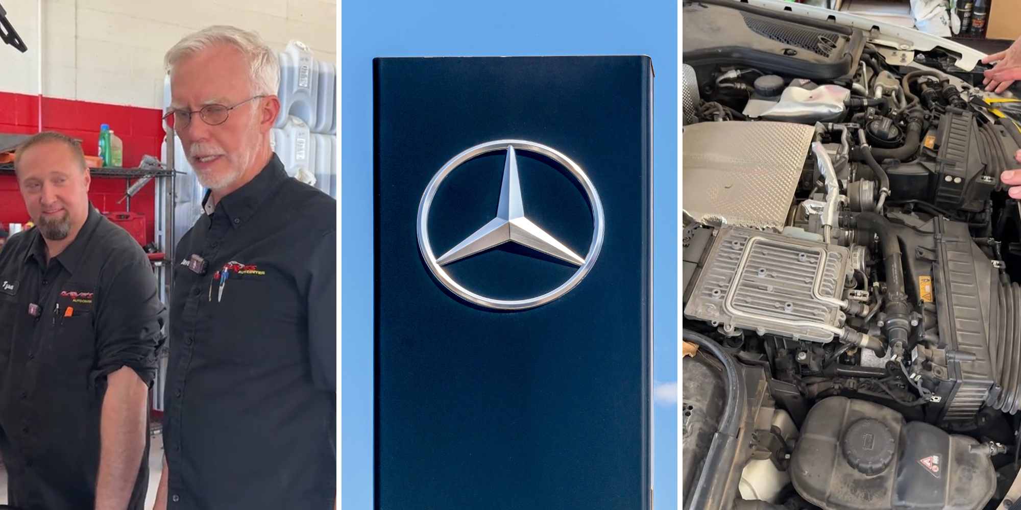 Mechanic tries to fix Mercedes engine thermostat. There’s just one problem