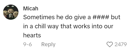 TikTok comment from a My New Character meme post that reads, "Sometimes he do give a #### but in a chill way that works into our hearts"