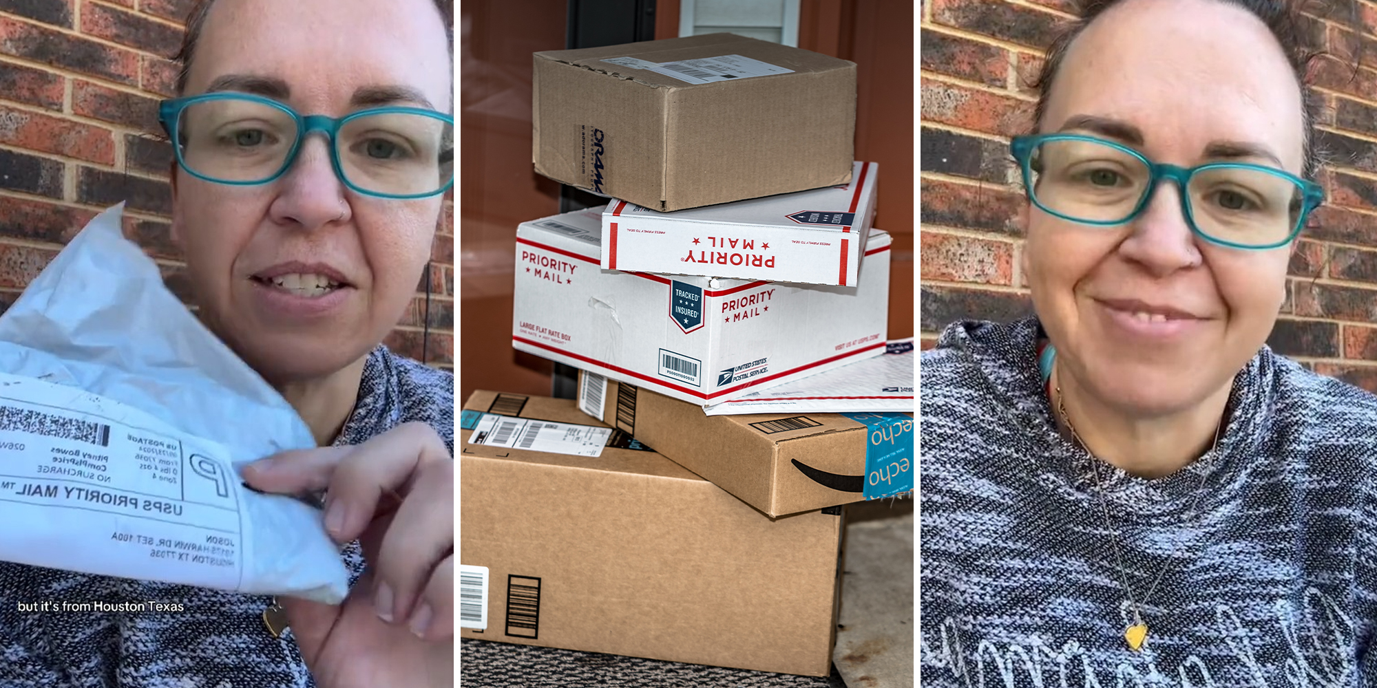Woman holding up her Mail(l) Mail Boxes stacked Infront of house (c) Woman smiling wearing teal glasses(r)