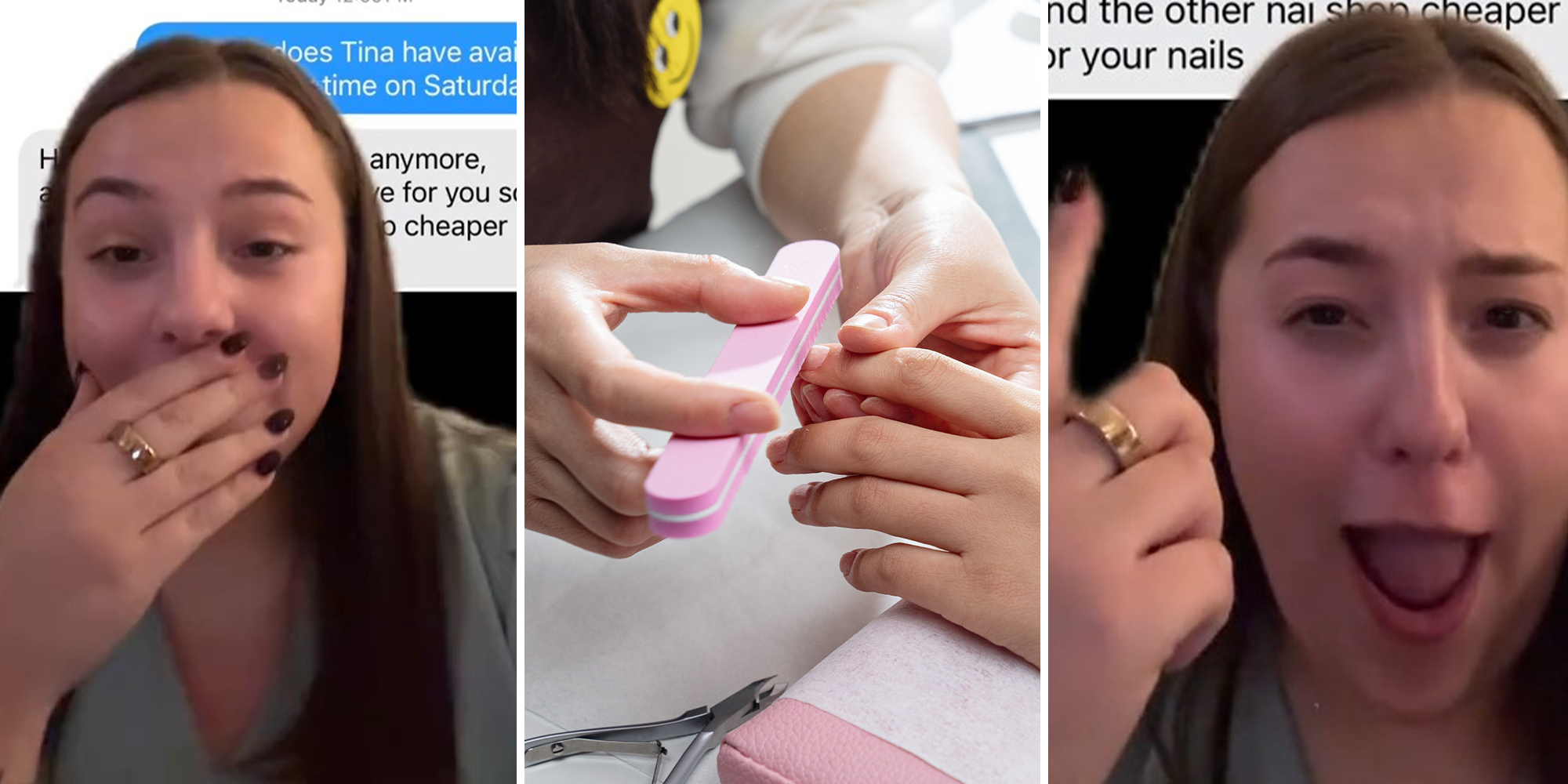 woman shocked after reading text message; Woman working on nails at salon