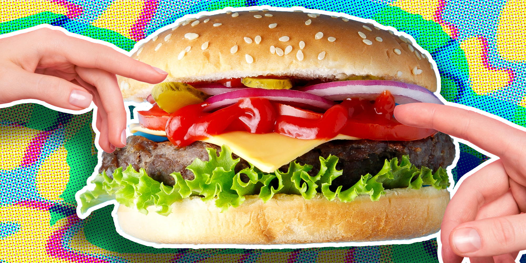national cheeseburger day deals - Fingers pointing to cheeseburger over abstract background