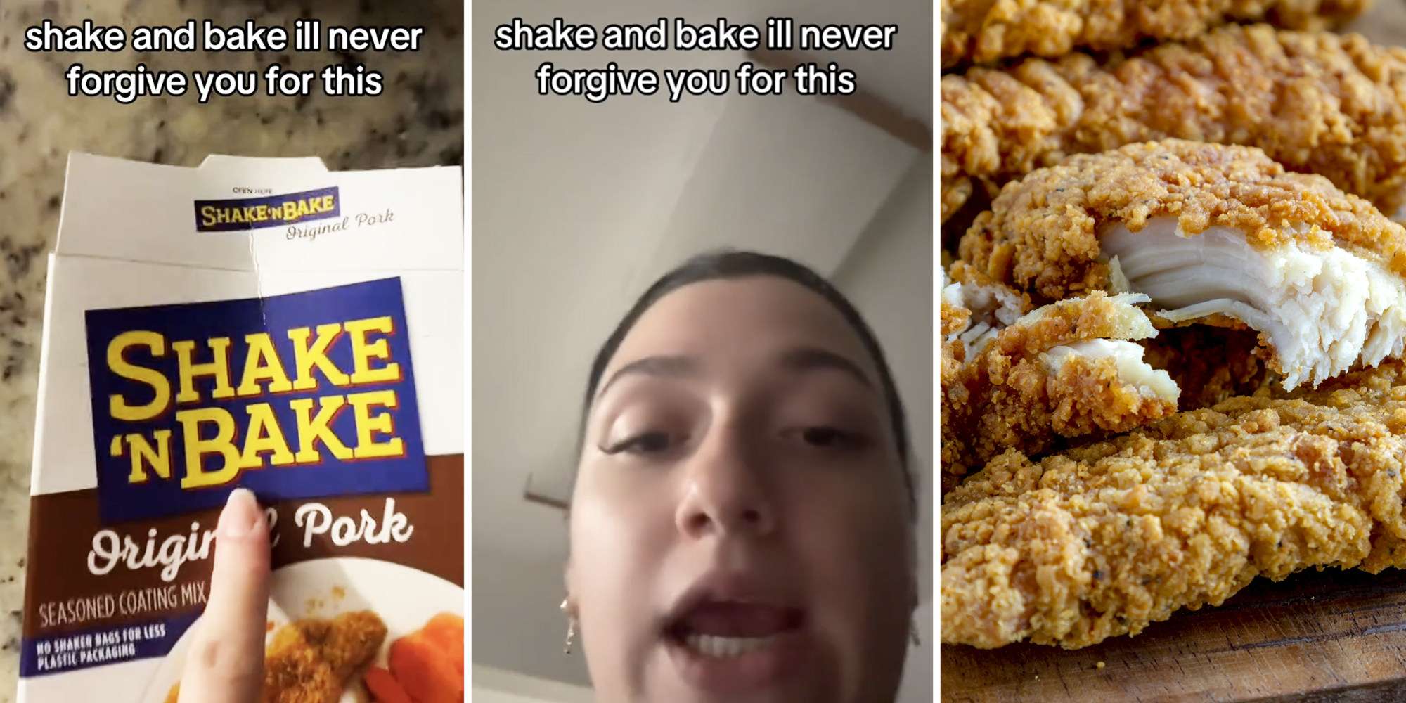 Shake'n'Bake box(l), Woman talking(c), Breaded chicken(r)