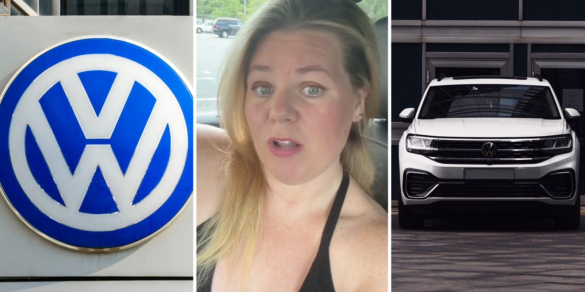 Volkswagen logo sign(l), Woman talking(c), Volkswagen car(r)