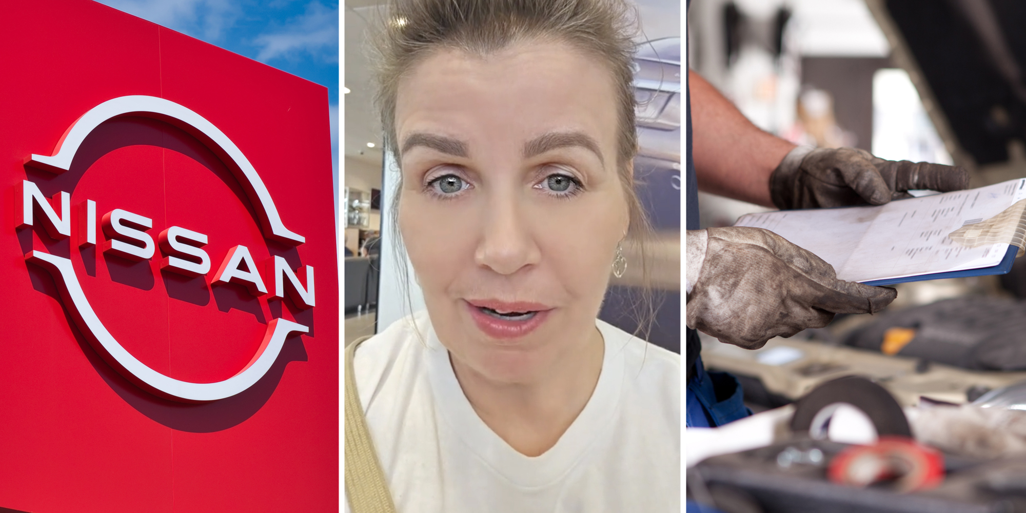 Nissan logo(l), Woman talking(c), Mechanic with dirty gloves and checklist(r)