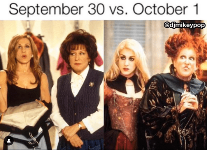 September 30 vs October 1 meme featuring Sarah Jessica Parker and Bette Midler.