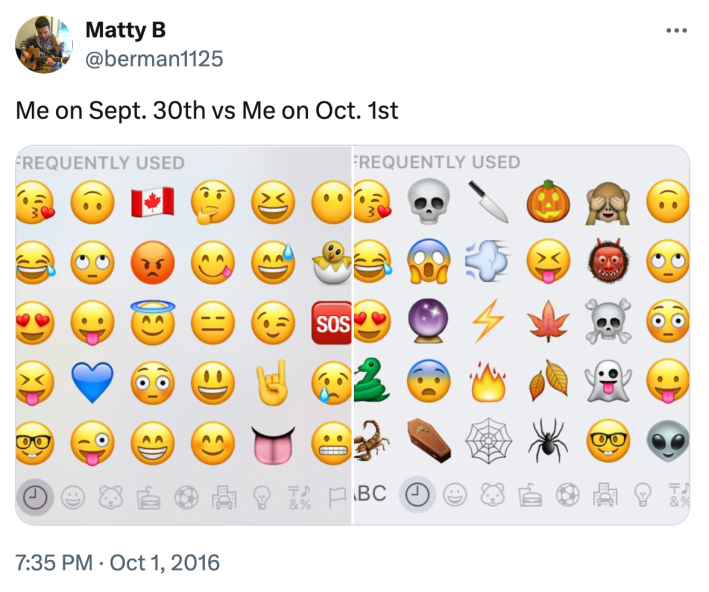 September 30 vs October 1 meme featuring the OP's frequently used emoji screens.