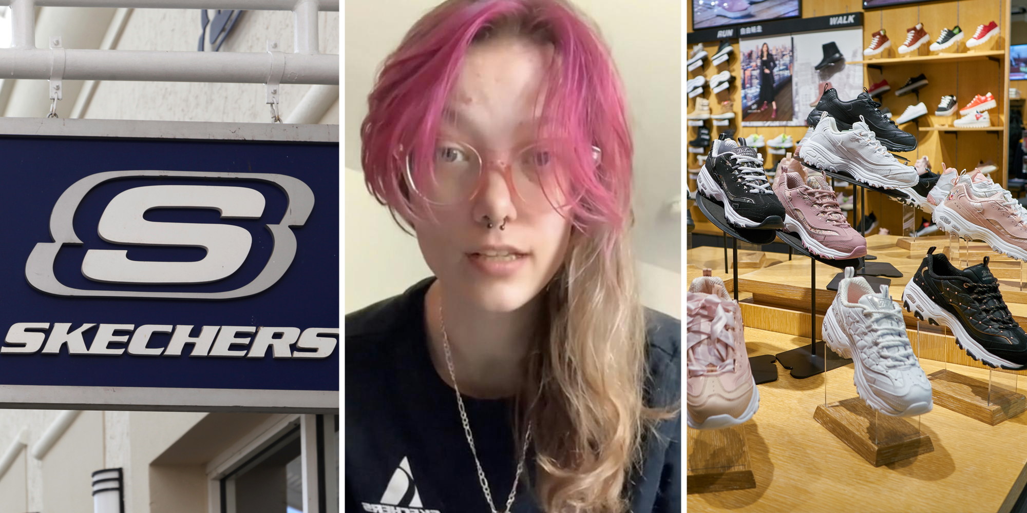 Skechers sign(l), Skechers worker talking(c), Skechers shoes inside store(r)