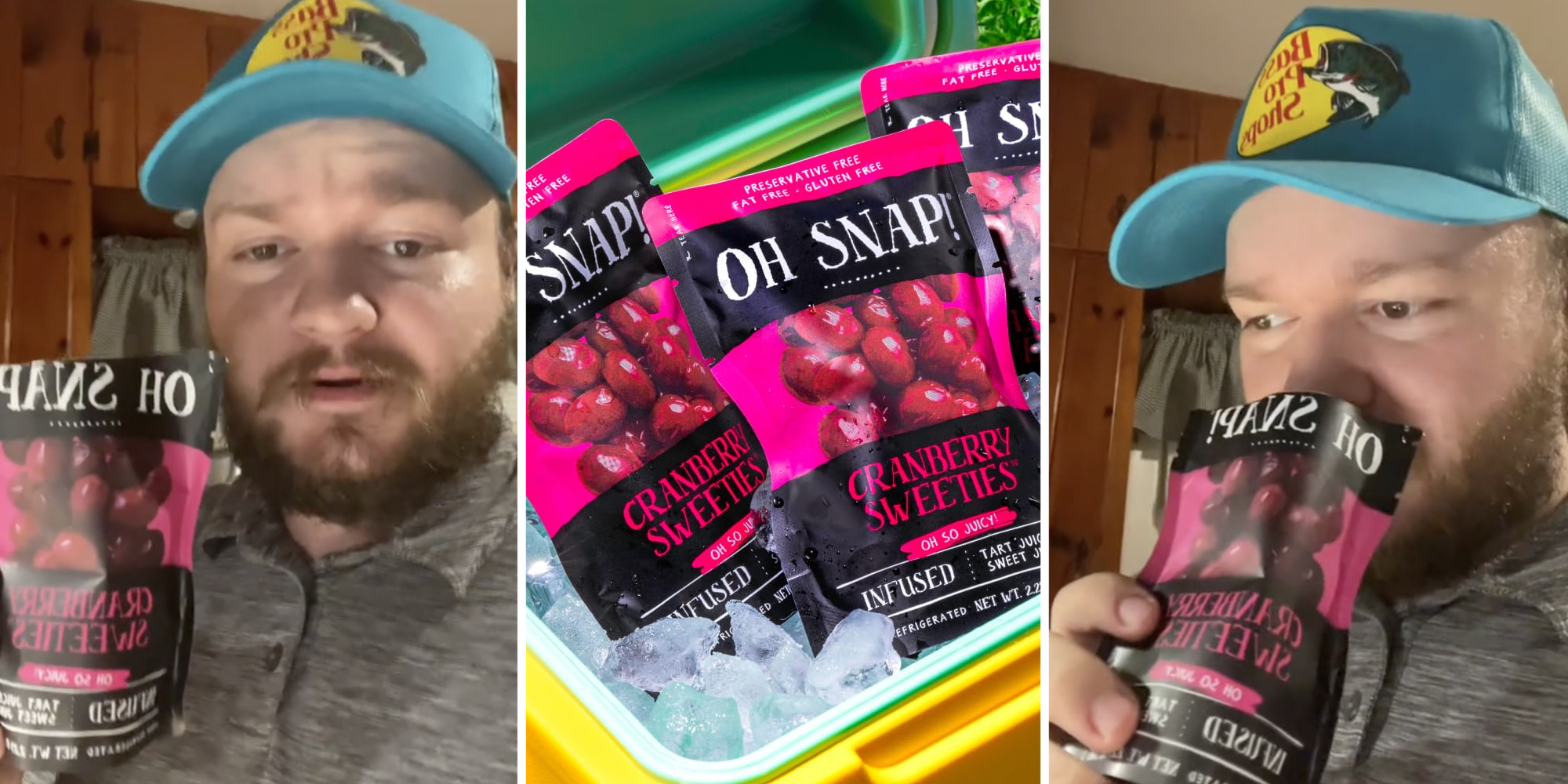 Man holding bag of Oh Snap! Cranberry Sweeties(l+r), Cranberry Sweeties in ice cooler(c), Man smelling bag(r)