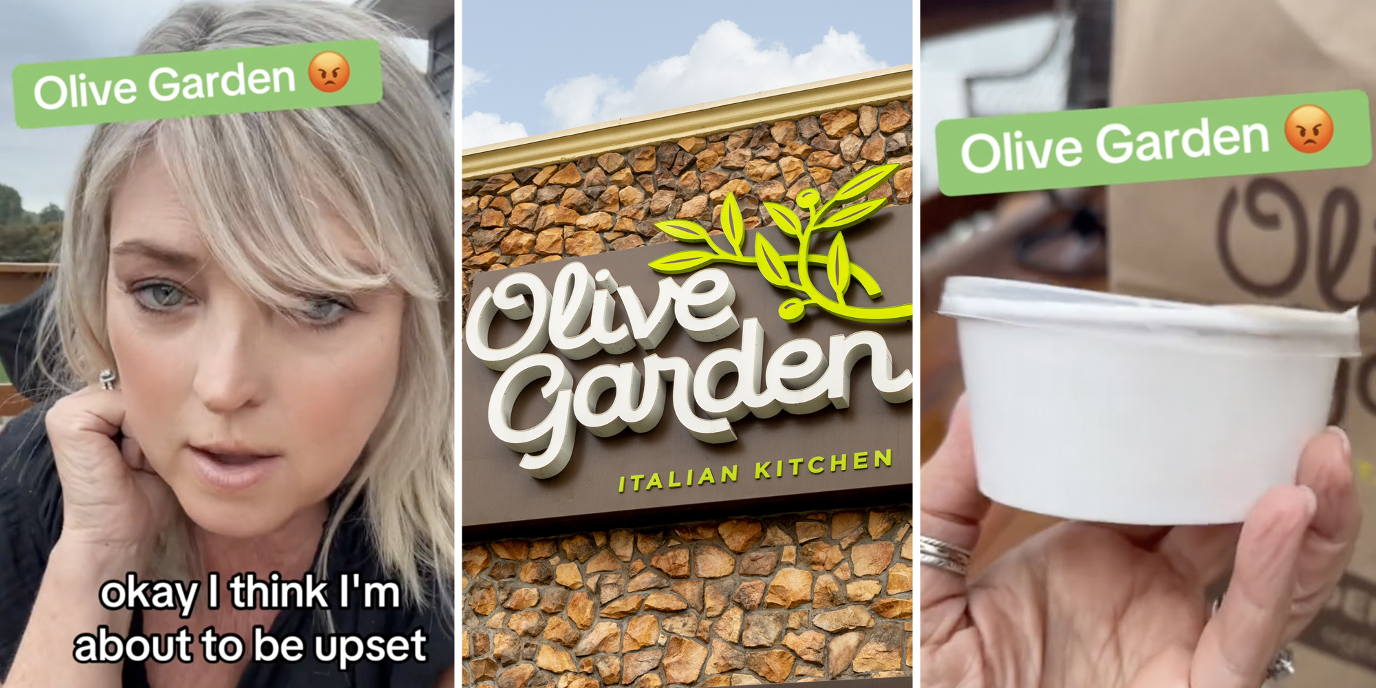 Woman talking with text that says "okay i think i'm about to be upset"(l), Olive Garden storefront(c), Hand holding container(r)