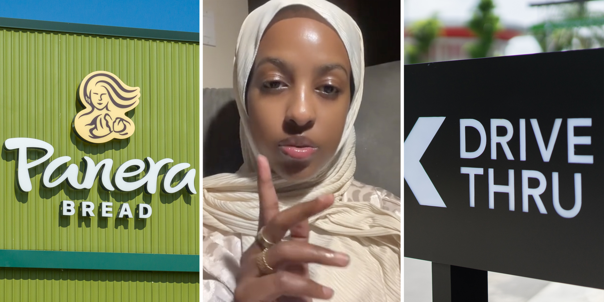 Panera Bread storefront(l), Woman talking(c), Drive-thru sign(r)