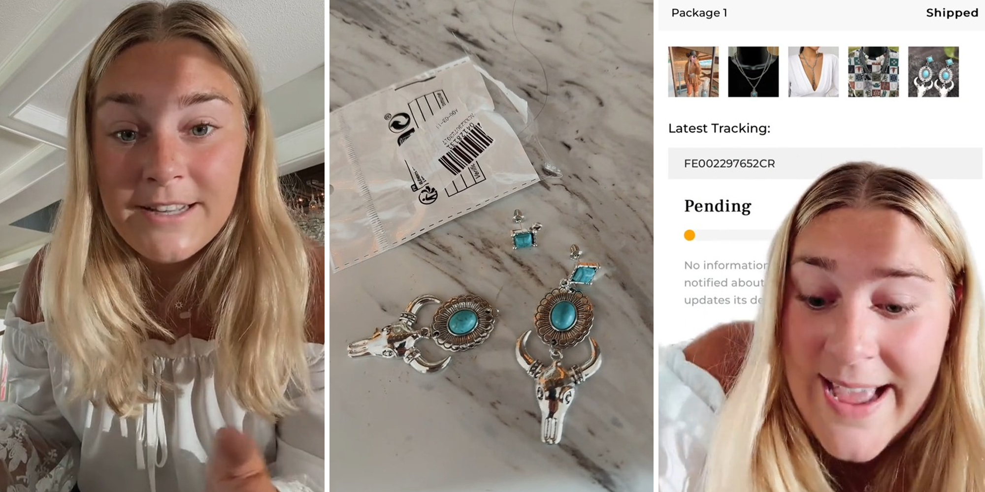 Blonde woman sharing a story(l) Turquoise Pendant earrings (c) Woman Sharing screenshot of online order(r)