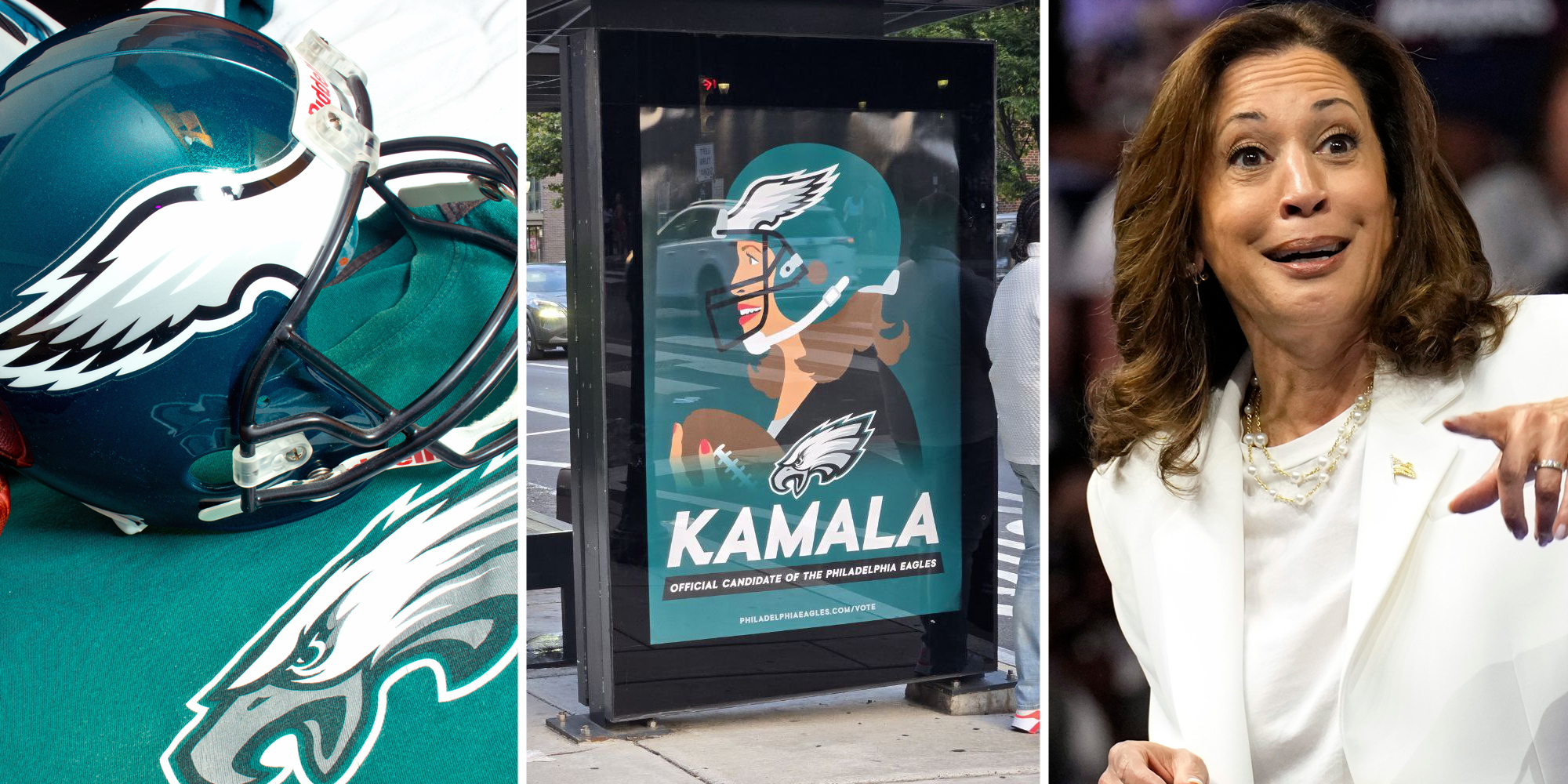 Philadelphia Eagles uniform(l), Counterfeit ad(c), Kamala harris(r)