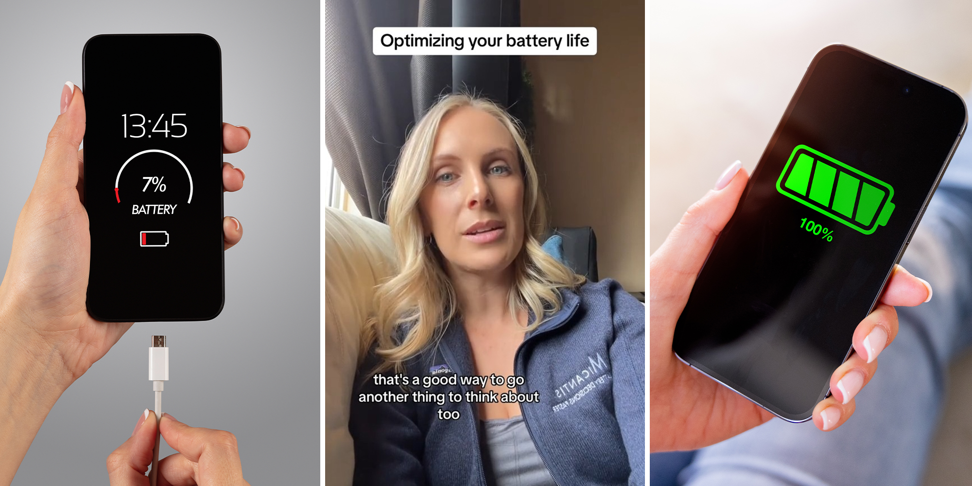 phone at 7% battery percentage about to be plugged in for charging(l) Woman explaining the best way to optimize battery life(c) Iphone screen showing 100% battery charge(r)