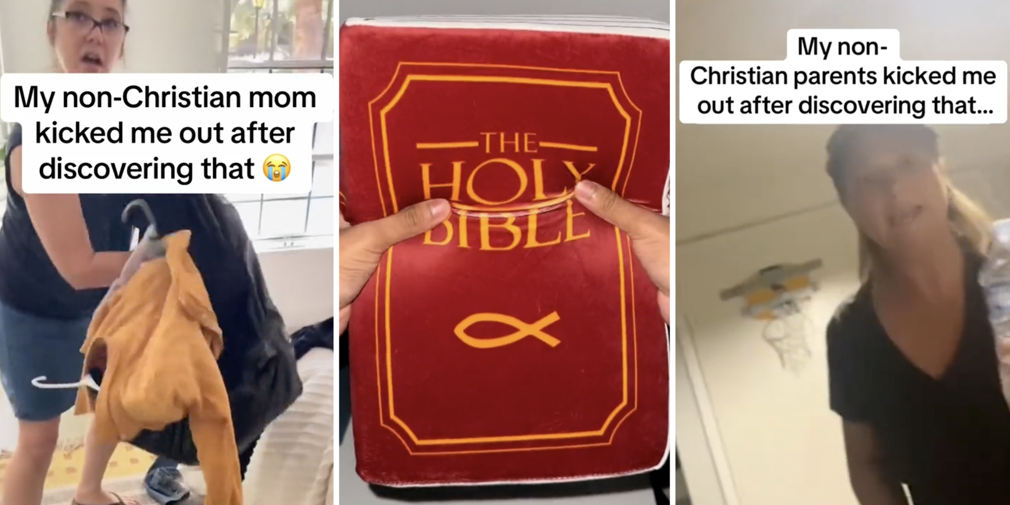Mom cleaning room(L+r), Bible pillow(c)