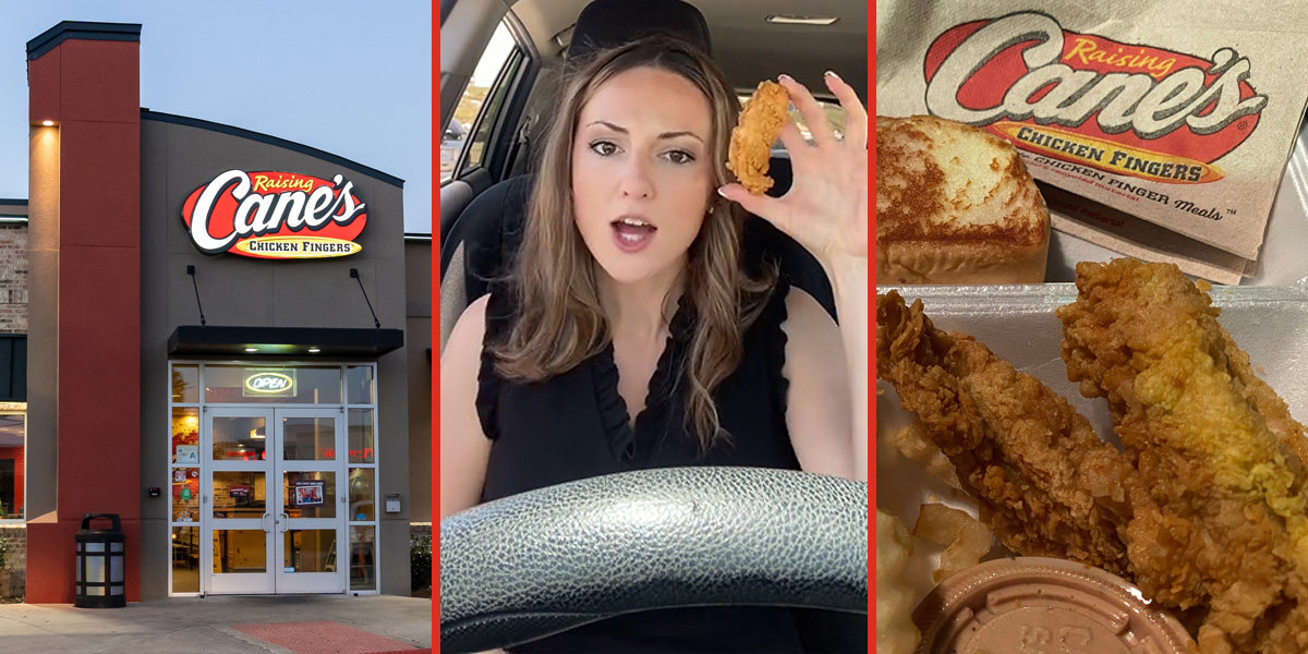 Raising Canes (l) woman speaking in car holding chicken (c) Raising Cane's chicken tenders (r)