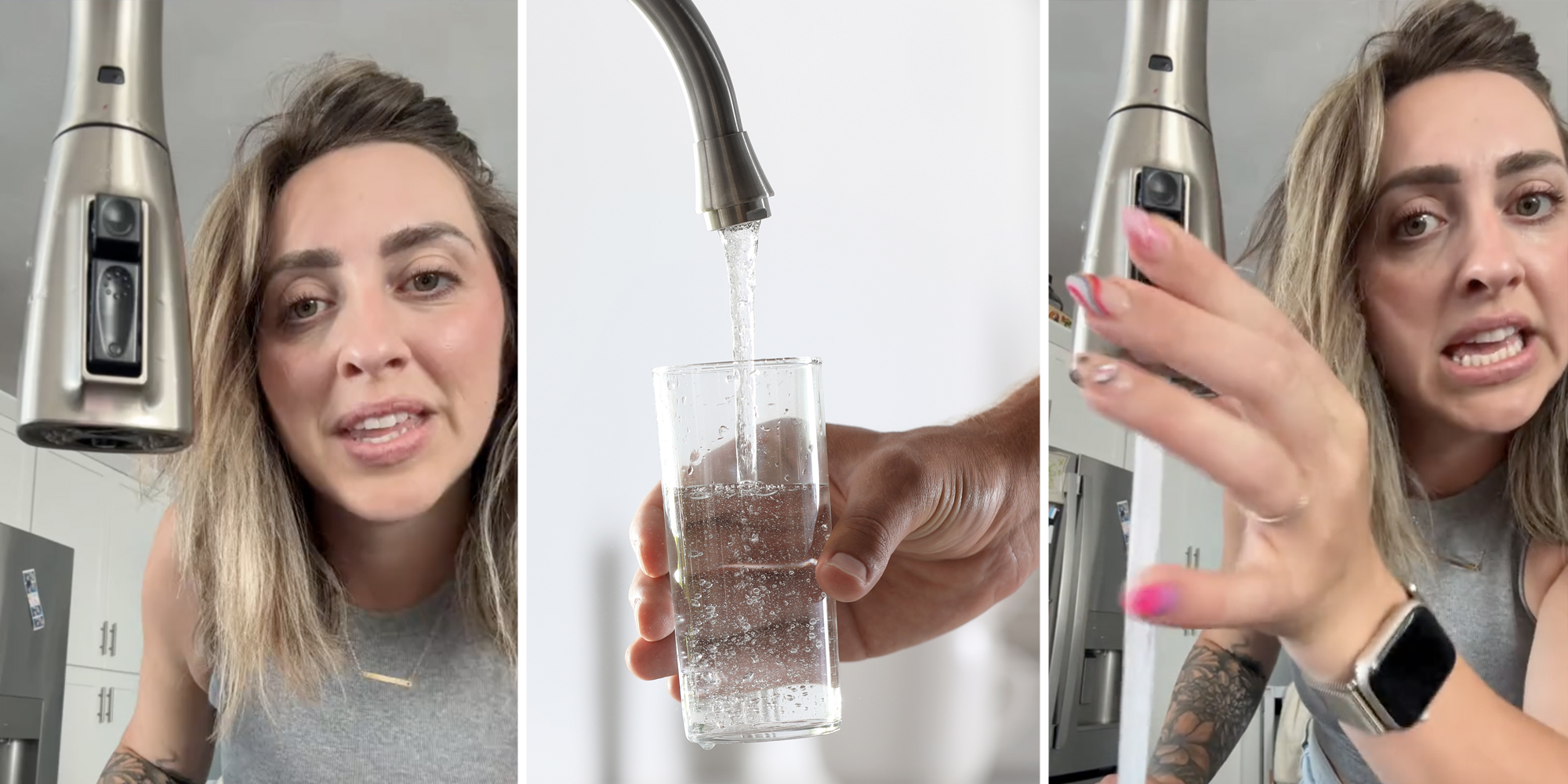Woman talking with faucet(l+r), Hand filling glass with water from faucet(c)