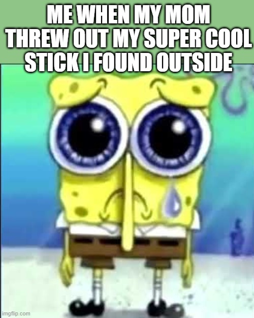 "me when my mom threw out my super cool stick i found outside" sad spongebob meme