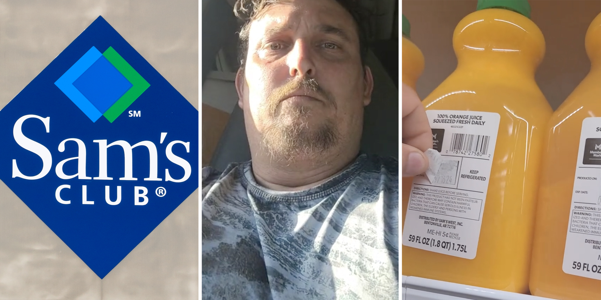 Sam's club sign(l), Man talking(c), Finger peeling off expiration sticker on orange juice jugs(r)