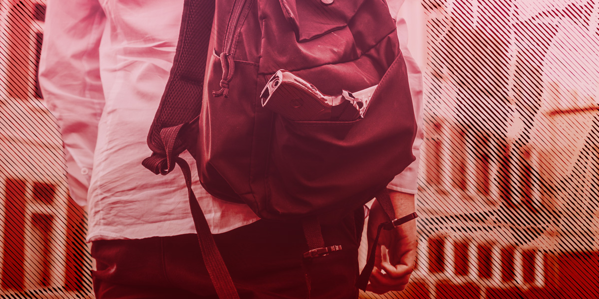 person with backpack in front of red stripe background