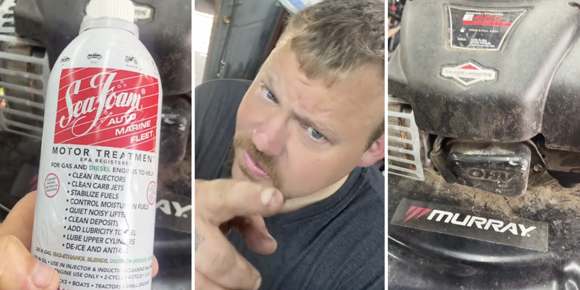 Sea Foam can(l), Man talking(c), Murray Lawn Mower(r)