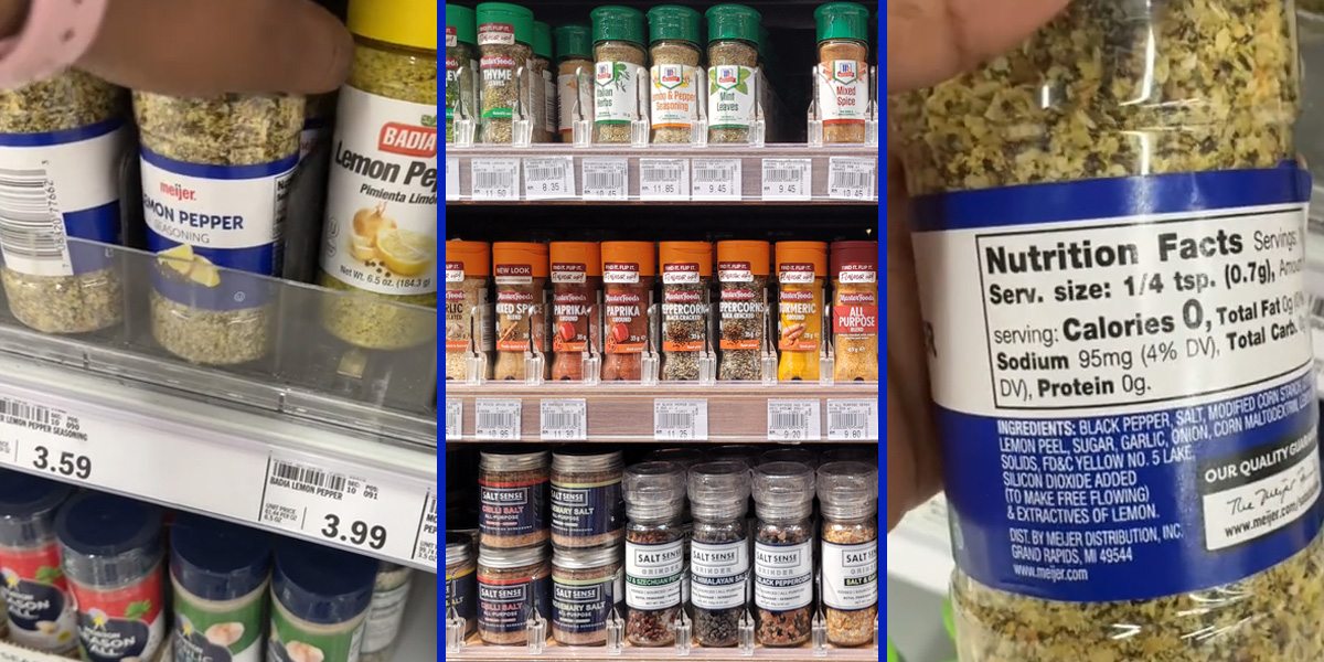 seasoning in hand (l) seasonings in store (c) seasoning nutrition facts (r)