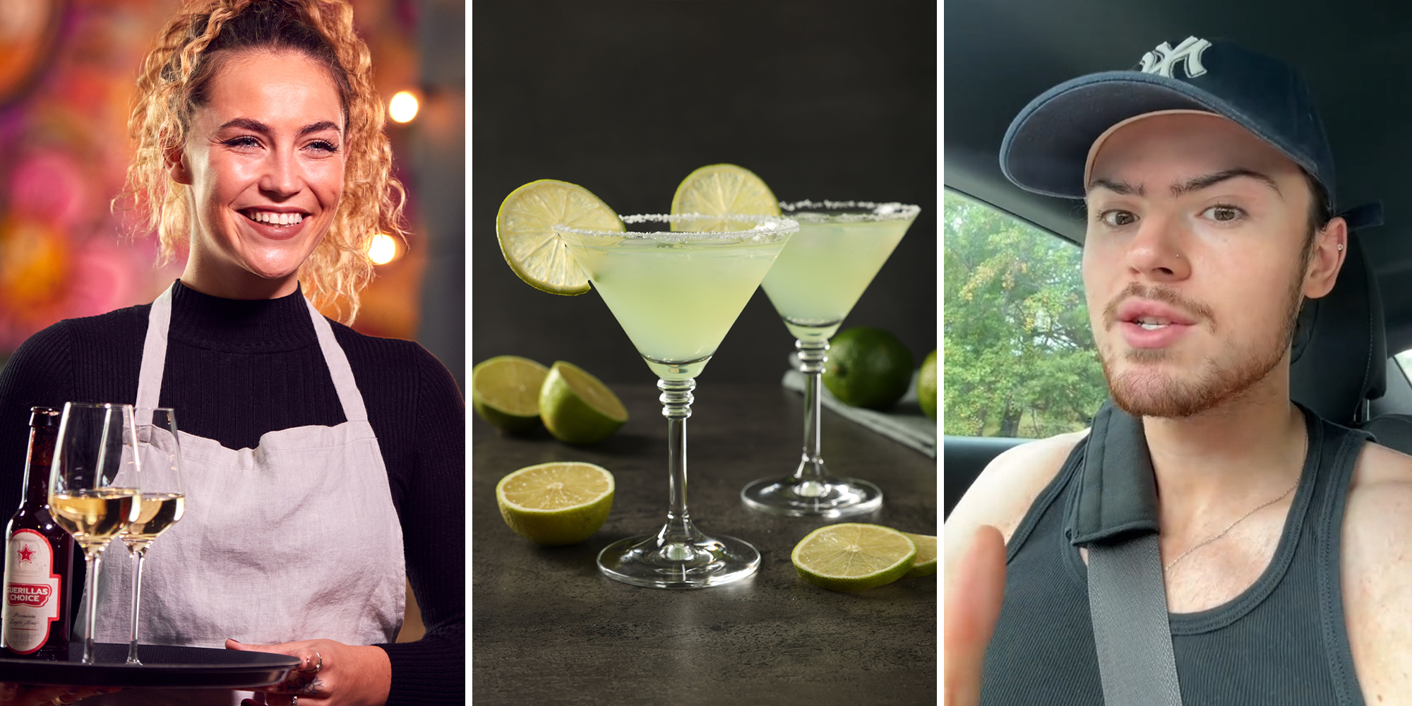 server holding tray with two glasses of wine and a beer(l) Two Cups of Margaritas(c) Man wearing a hat(r)