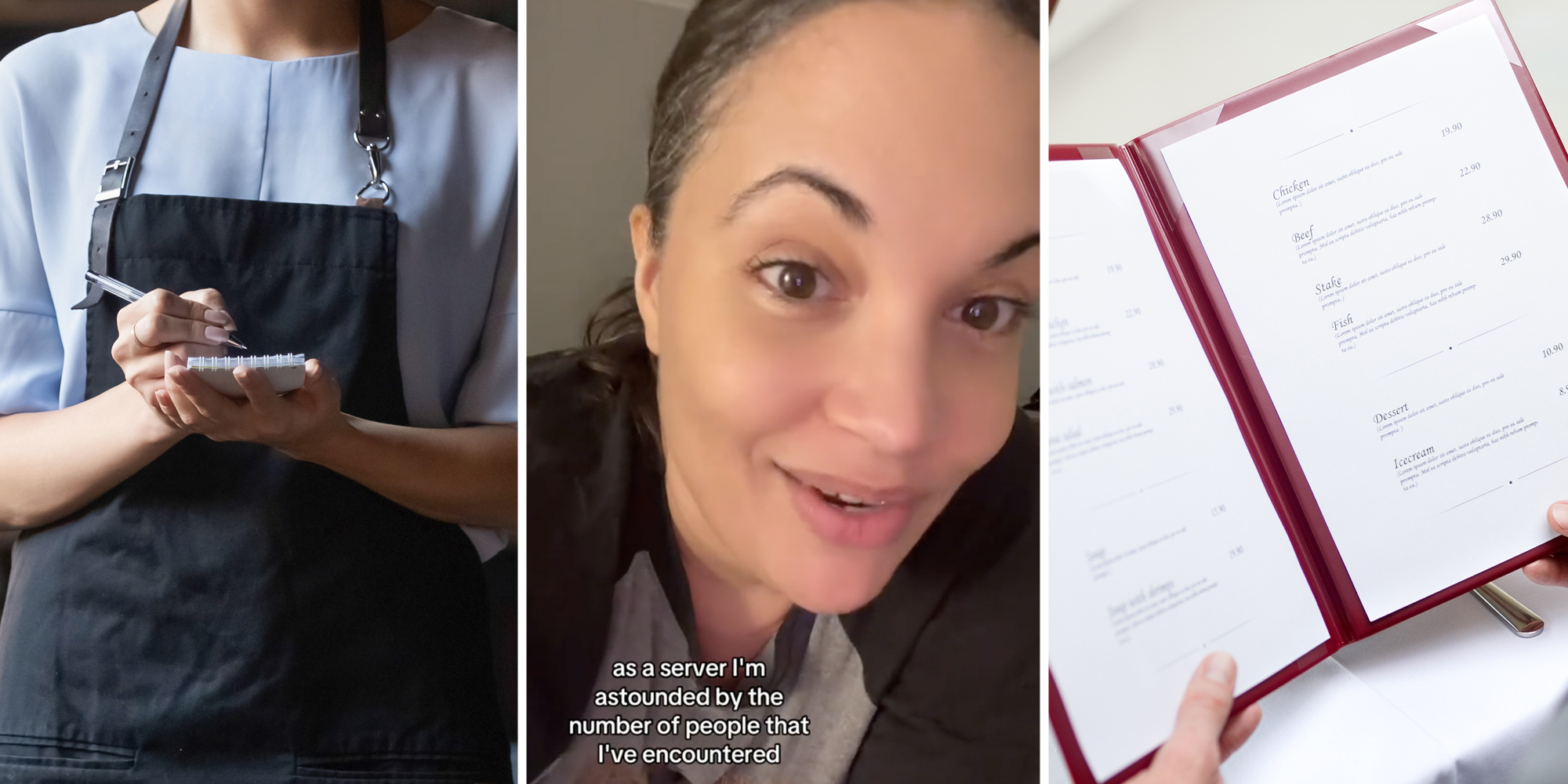 Waitress taking order(l), Woman talking with text that says "As a server I'm astounded by the number of people that I've encountered"(c), Hands holding menu(r)