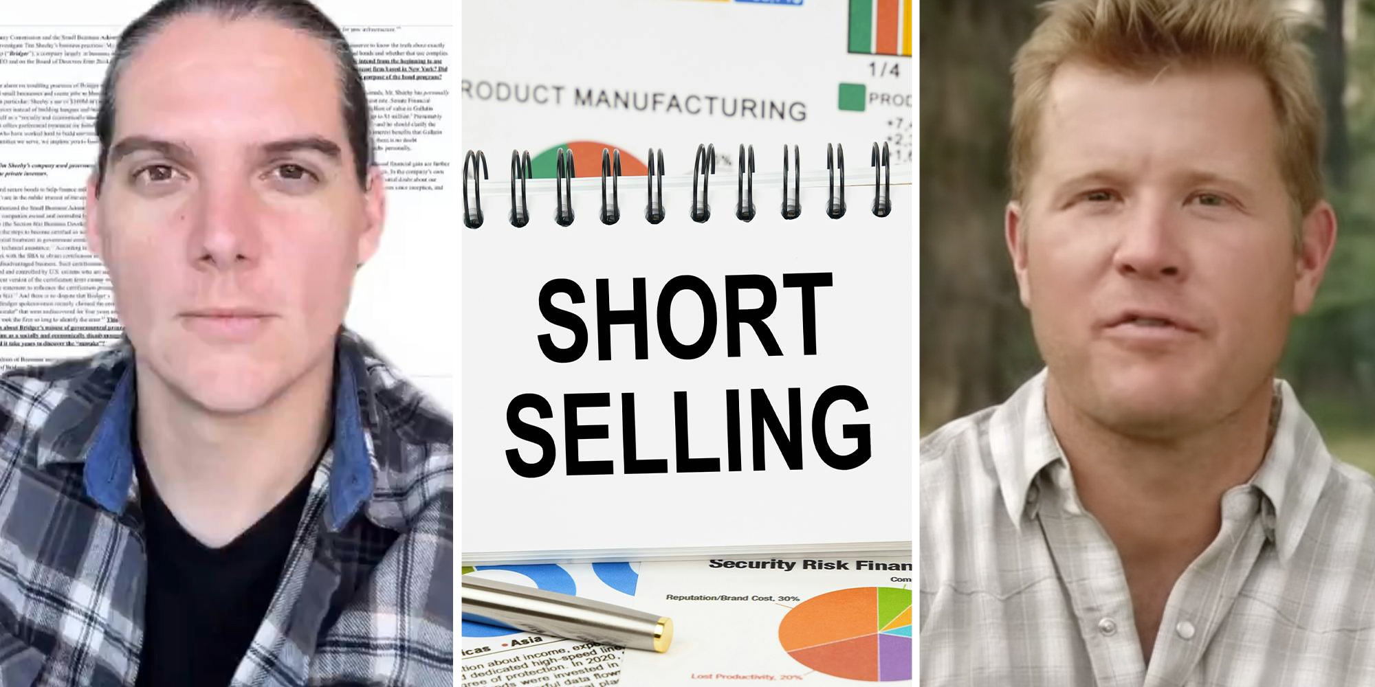 Man looking at camera(l), Graphic about short selling(c), Different man talking(r)