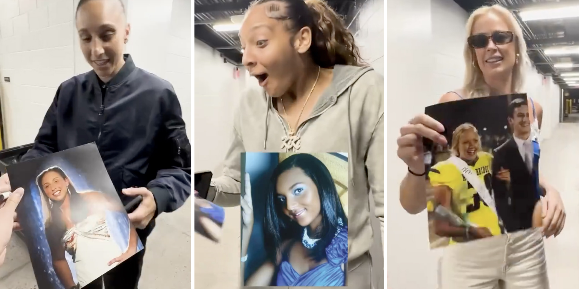 Three split of different women reacting to being handed an old photo of themselves