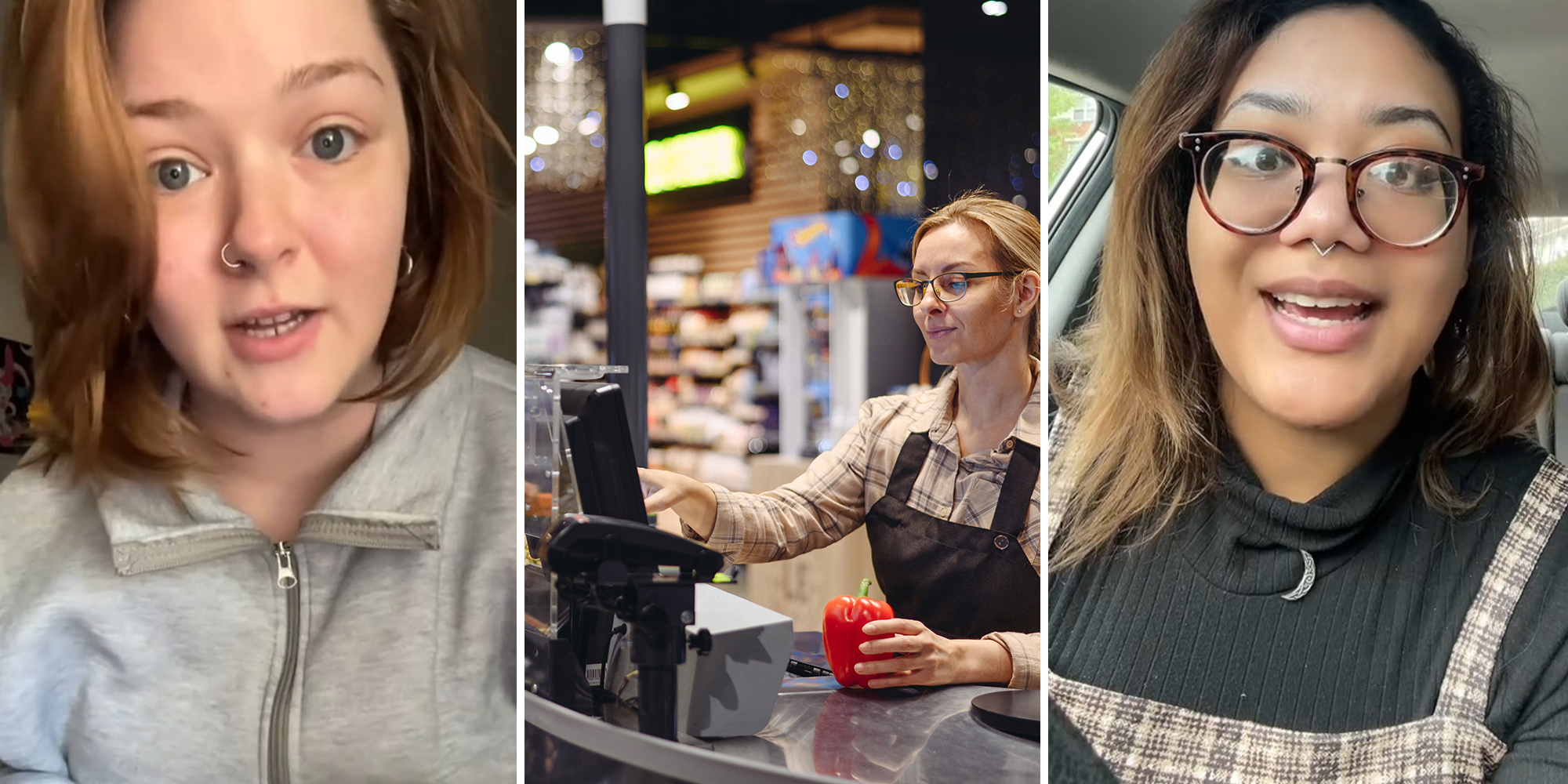 woman with short hair wearing a grey jacket(l) Woman cashier(c) Woman with nose ring wearing glasses(r)