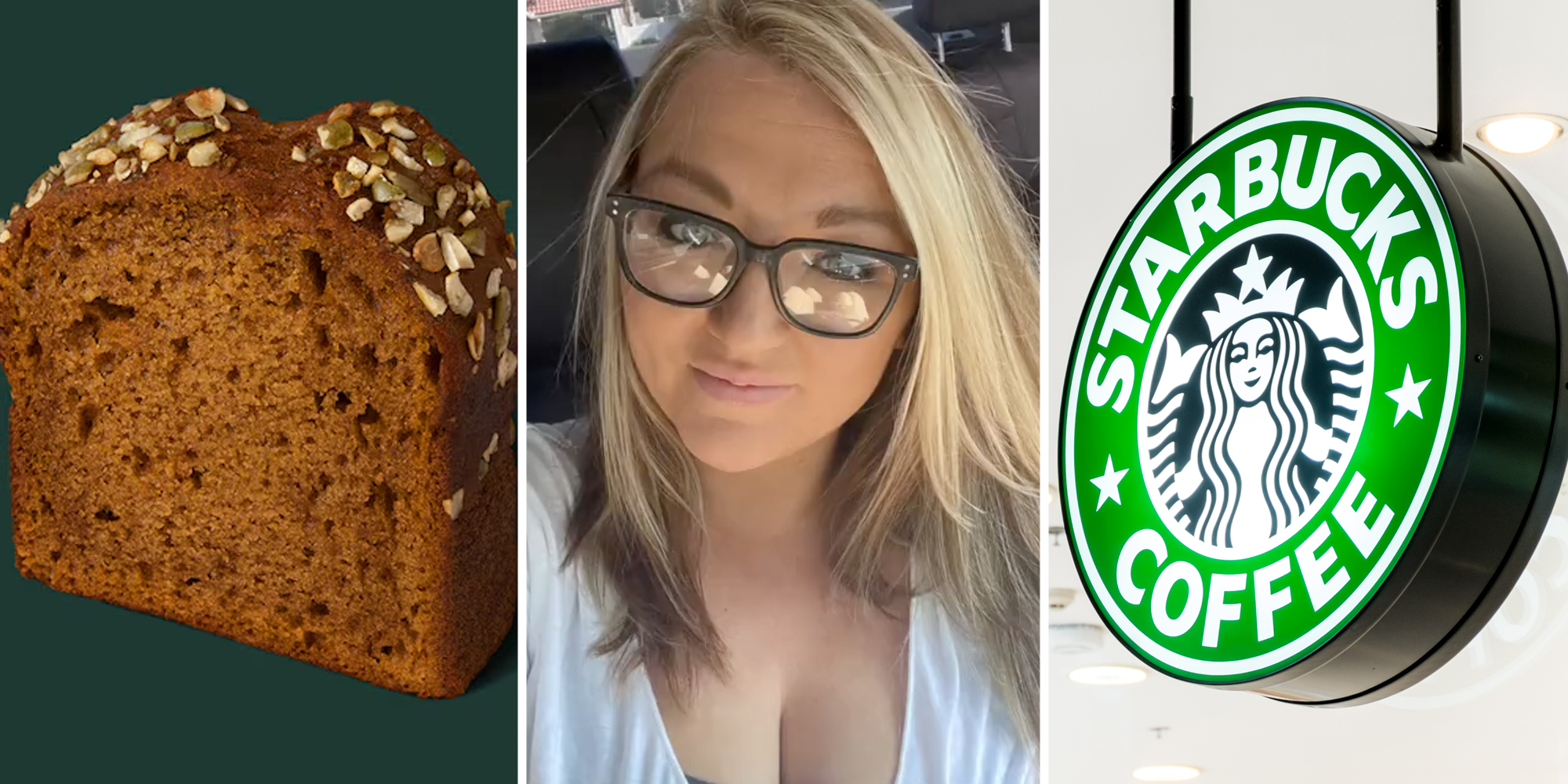 Starbucks Pumpkin Loaf(l), Woman smiling(c), Starbucks sign(r)