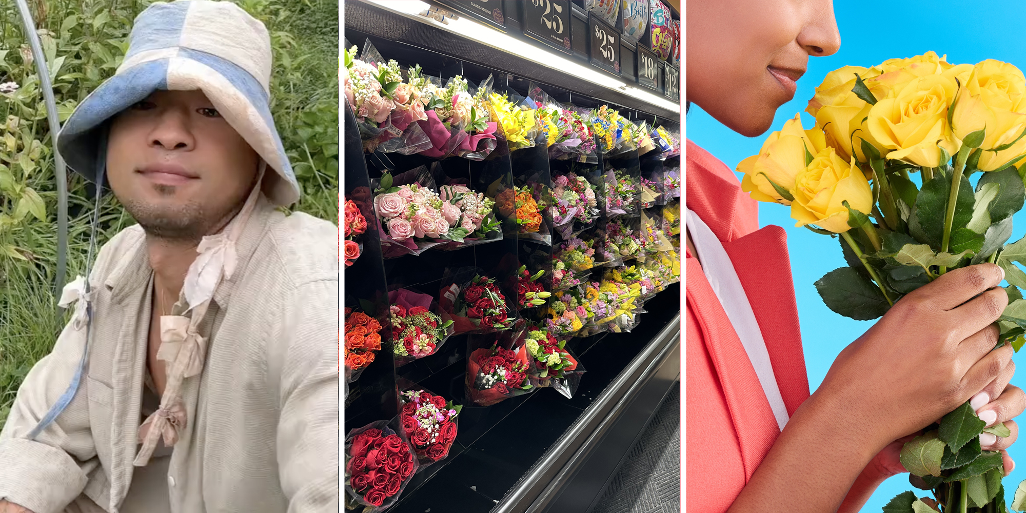 Man talking in garden(l), Grocery store flowers stacked on shelves(c), Woman smelling yellow roses(r)
