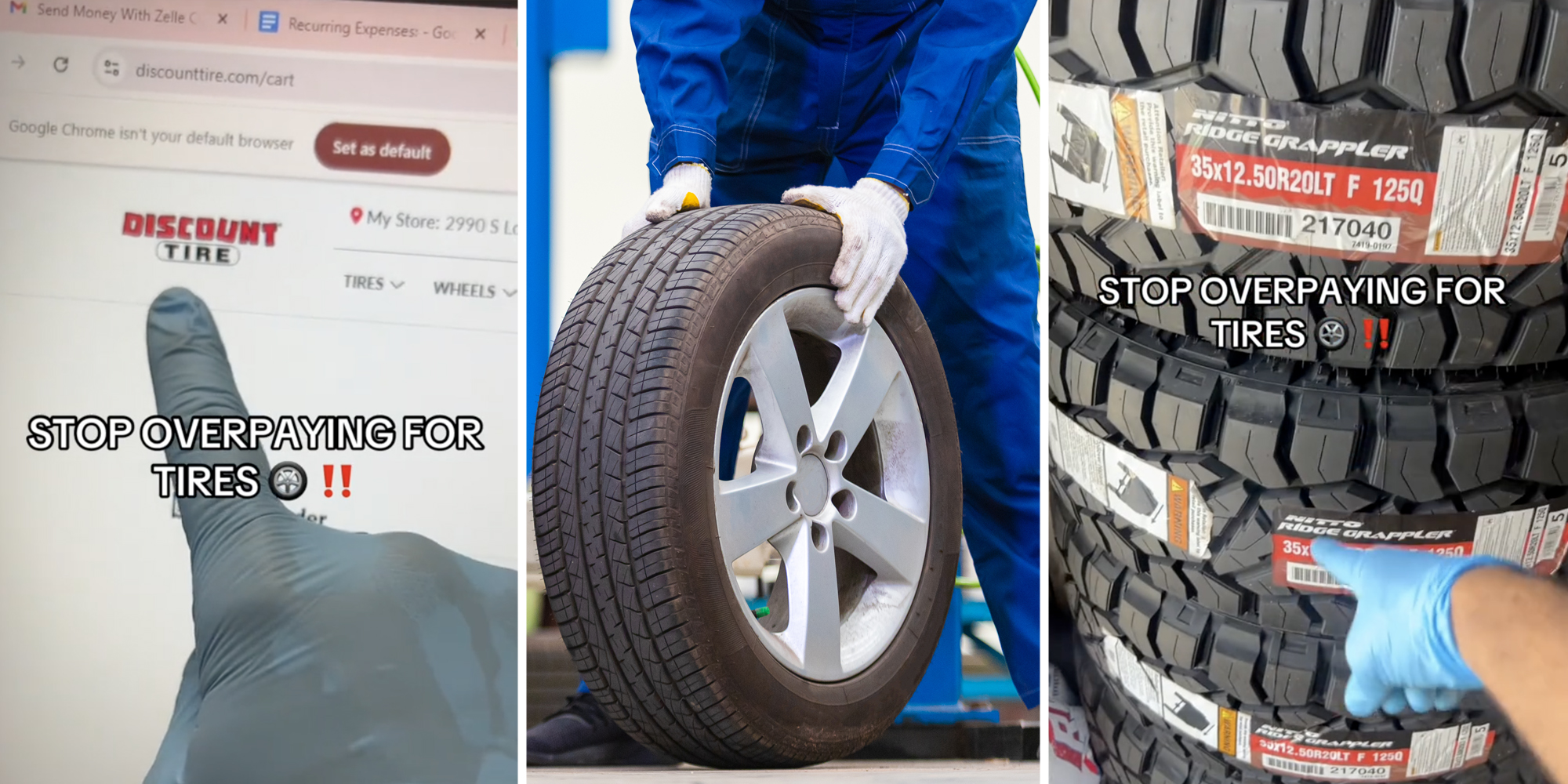 Finger pointing to discount tire site(l), Mechanic rolling tire(c), Finger pointing to stacked tires(r)