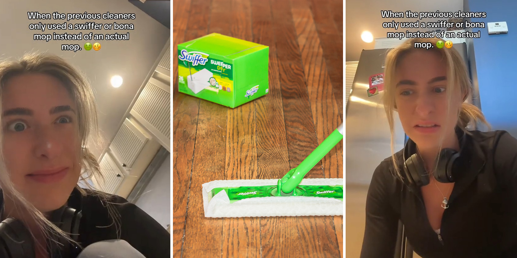 woman looking annoyed(l), swiffer mop and box on wooden floor(c) Woman looking disgusted(r)