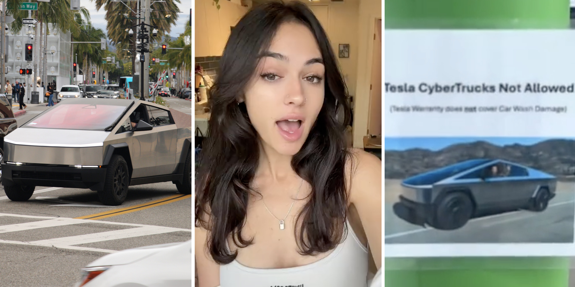 Tesla Cybertruck(l), Woman talking(c), Sign saying cybertrucks not allowed in car wash(r)