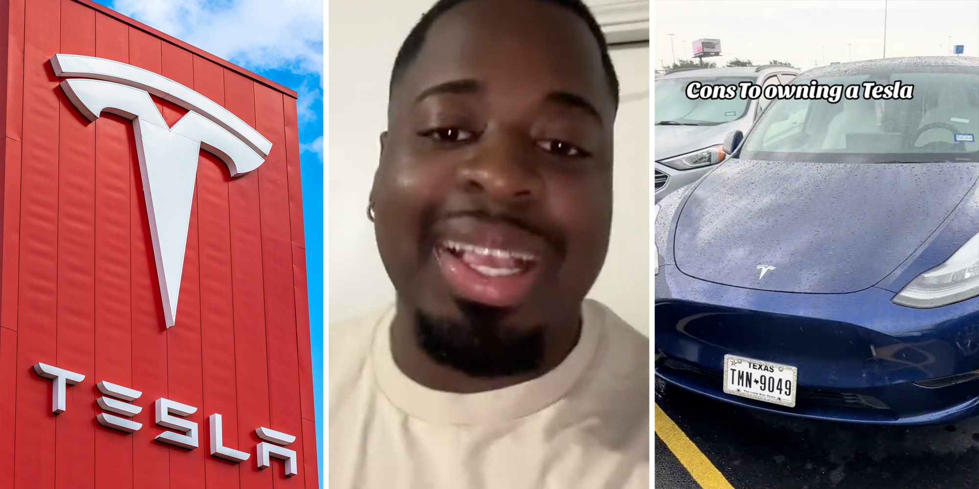 Tesla(l), Man talking(c), Tesla car with text that says "Cons to owning a tesla"(r)