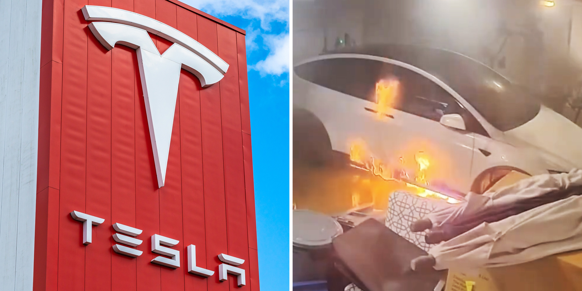 Tesla sign(l), Tesla inside garage catching flames(r)