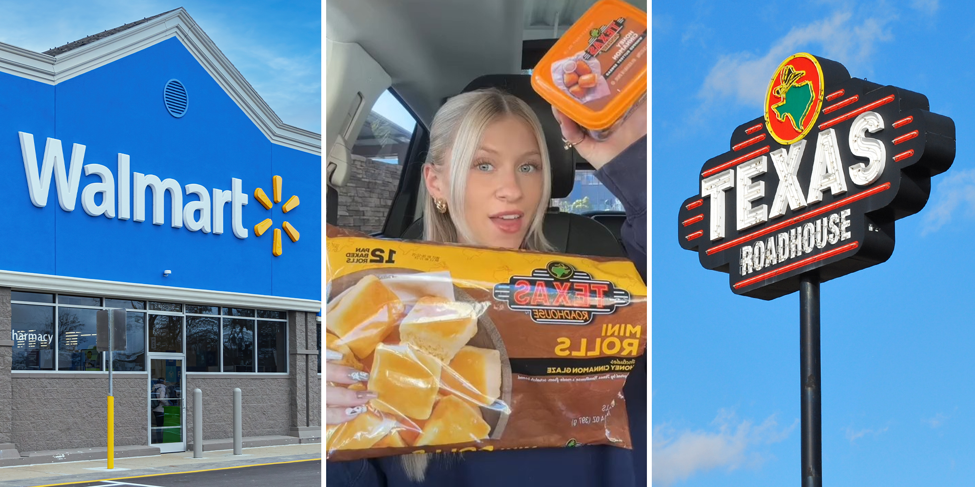 Walmart store front(l) Woman holding up texas roadhouse sealed products(c) Texas Road House Sign(r)