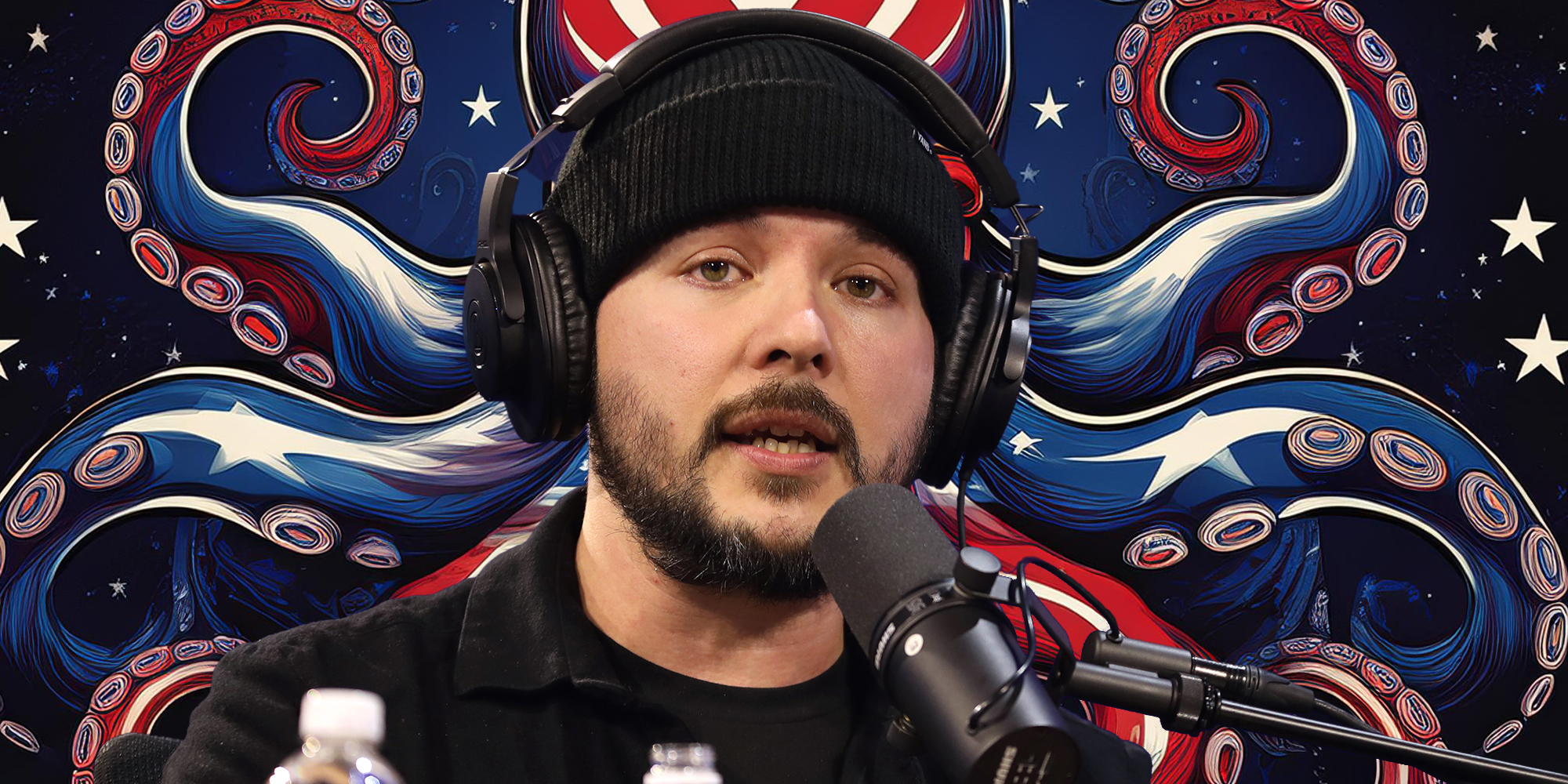 Tim Pool with octopus made from American flag in background