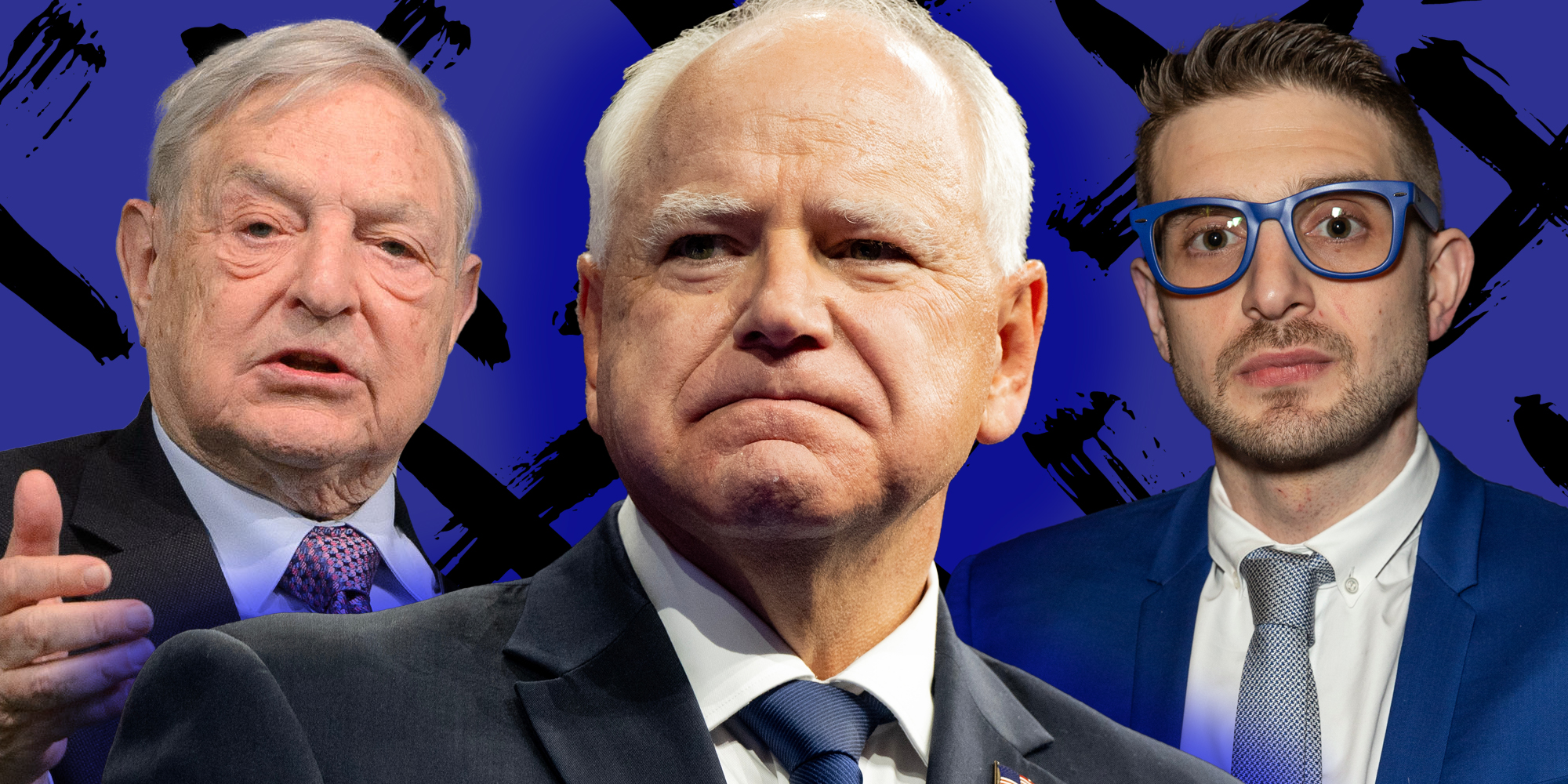 George Soros, Tim Walz, and Alexander Soros over background with x's